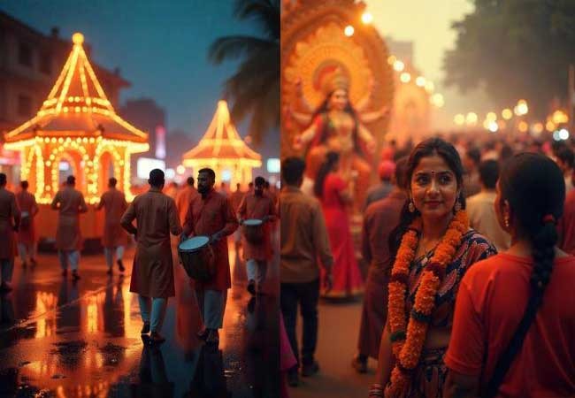 Skilled Durga idol makers in Kolkata crafting traditional fiberglass deities with precision."